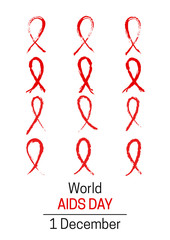 Set of red ribbons. Symbol of the fight against AIDS. Brush strokes. Isolated on a white background. Vector illustration.