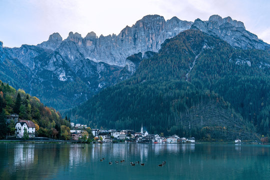 Panoramic view of the Lago di  Alleghe lake in the italian Dolomites