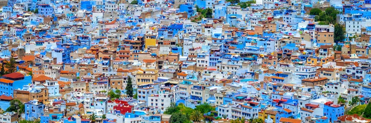 Photo sur Aluminium Maroc Panorama de la ville bleue de Chefchaouen au Maroc