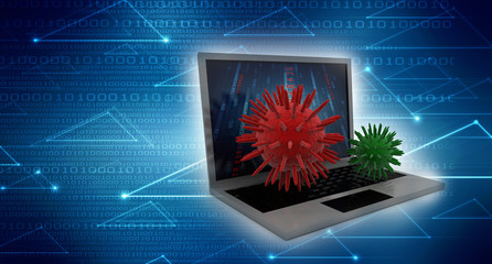 3d rendering Virus bacteria cells with laptop