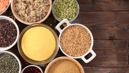 assorted of cereal grain- rice, lentils, chickpea, bean, pea