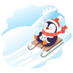 Obraz premium Cute penguin in red scarf and hat .Christmas character.Cartoon illustration