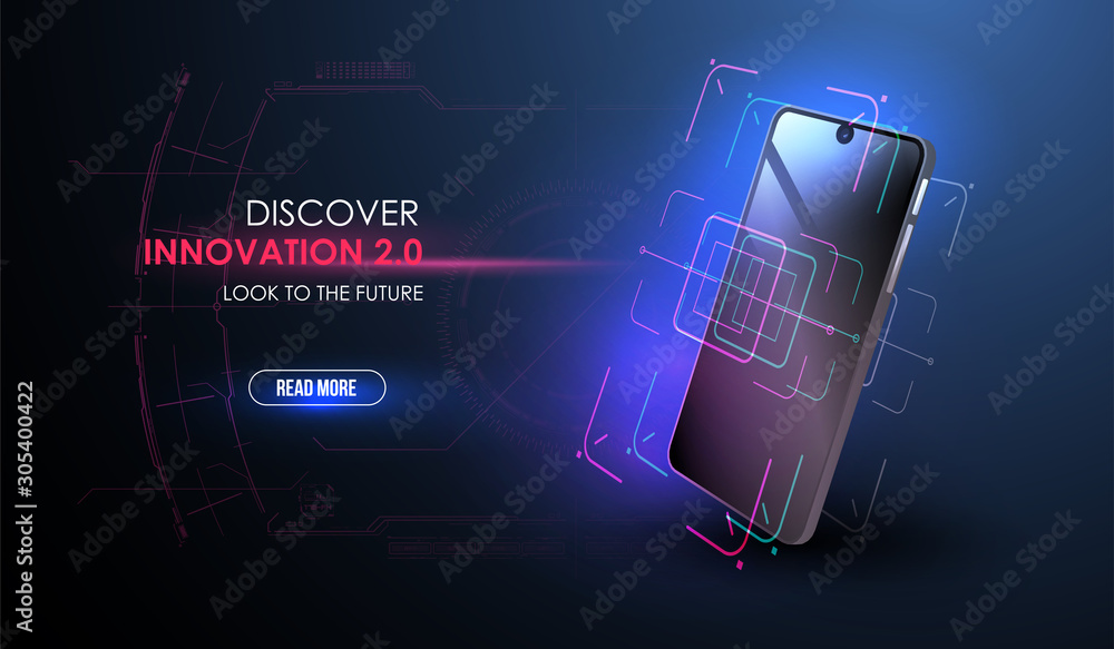 Aufkleber innovative technology development and product analysis with hud elements. futuristic phone on dark b