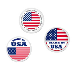 Made in USA round label stickers, vector set. Merchandise tag with US flag