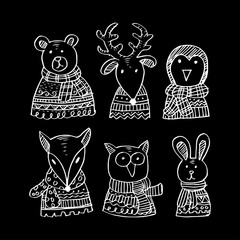 Set with Winter Animals. Black and white.