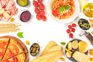 Italian food. Pizza, pasta, cheese, hams, olives and olive oil, shot from the top on a white background, forming a frame with a place for text, a flat lay composition