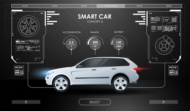 Car service in the style of HUD. Virtual graphical interface. Scanning Car, Analysis and Diagnostics Vehicle. Selection of Car Parts.