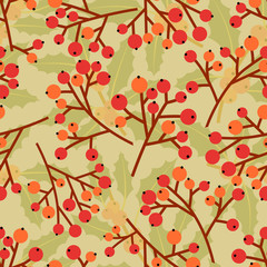 Christmas holiday decoration. Red holly berries and green leaves. Vector seamless pattern