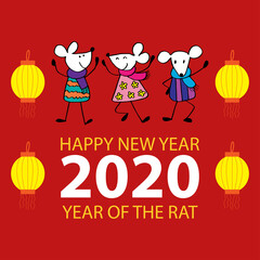 Happy rats , symbol of 2020 year. Greeting card.