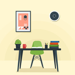 Study desk illustration with Book, cup, Flower in pot on the table. Interior flat illustration.