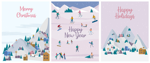 Winter Alps holidays greeting card set. Winter outdoor activities, People ice skating, skiing, snowboarding, sledding.
