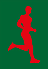 Silueta roja de un deportista corriendo sobre fondo verde.