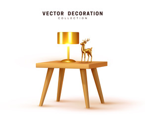 Standing figure of golden deer on the table, night light lamp. Deer glass volumetric 3D design. Gold metal reindeer. vector illustration