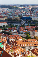 City views Prague autumn. Tiled roofs. Bridges. Vlatva river