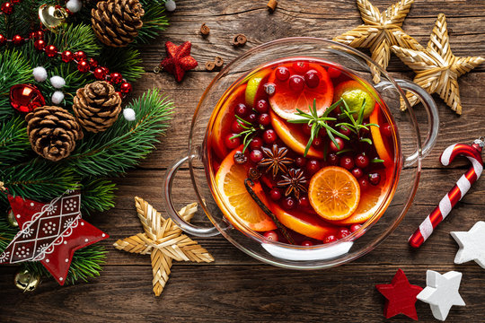 Christmas Mulled Wine Punch. Festive Red Hot Toddy Cocktail, Drink With Cranberries And Citrus Fruits