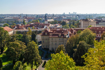 Fototapeta na wymiar City views Prague autumn. Green foliage in the foreground. Tiled roofs. View from above.