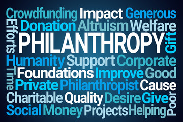 Philanthropy Word Cloud on Blue Background