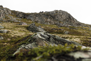Gloomy desert landscape of the Arctic. Hills. Low sky. Fog. Kola Peninsula