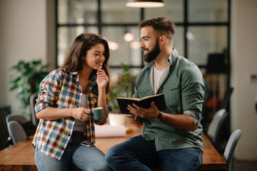 Colleagues in office. Businesswoman and businessman discussing work in office. Two friends in working together.  