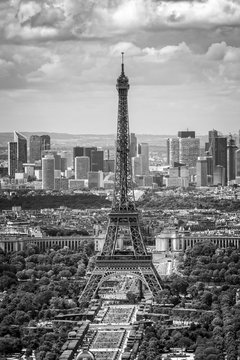 Aerial scenic view of Paris with the Eiffel tower and la Defense business district skyline, black and white