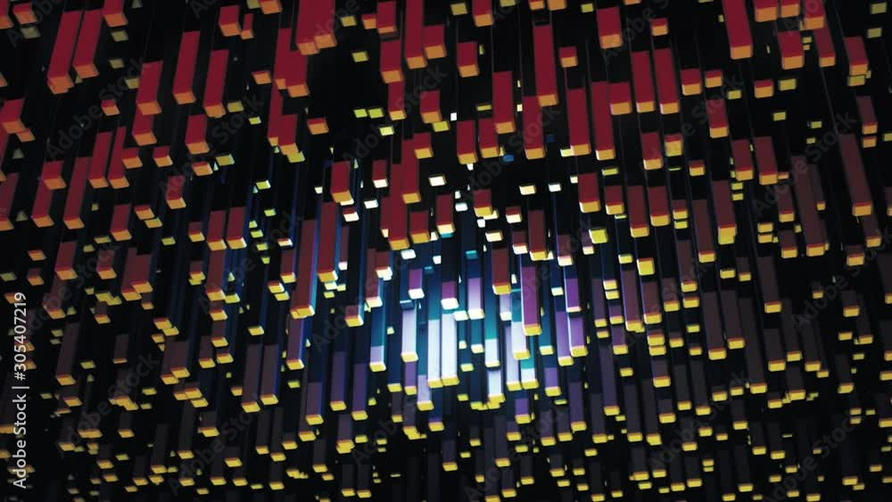 Poster breathtaking optical illusion with modern computer generated 3d rectangular blocks. animation. botto