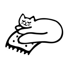 The cat that lies on the plaid. Single hand drawn cat icon. Black on white isolated
