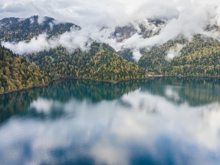 Mountain lake in the clouds. Aerial