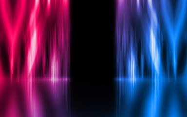 Empty dark abstract background. Background of empty show scene. Glow of neon lights on an empty stage. Dark tunnel