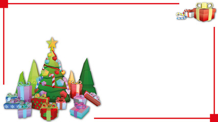 Merry Christmas greeting card, frame, banner. Noel. Christmas ornaments and gifts on white background with shadow.