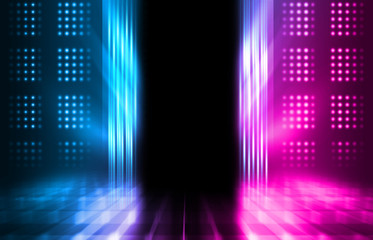 Empty dark abstract background. Background of empty show scene. Glow of neon lights on an empty stage. Dark tunnel