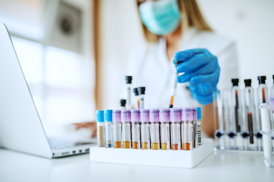 Close Up Of Lab Assistant In Uniform, With Mask And Rubber Gloves Holding Test Tube With Blood Sample While Sitting On Chair And Typing On Laptop. Selective Focus On Test Tubes.