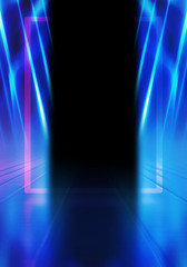 Obraz premium Empty dark abstract background. Background of empty show scene. Glow of neon lights on an empty stage. Dark tunnel