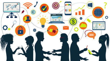 Communication and network isolated multi-ethnic group people. Sharing ideas and technology for the future. Connection and exchange of ideas - data or questions. Upload and download data. Mind Map