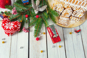 Christmas decoration on white wooden surface