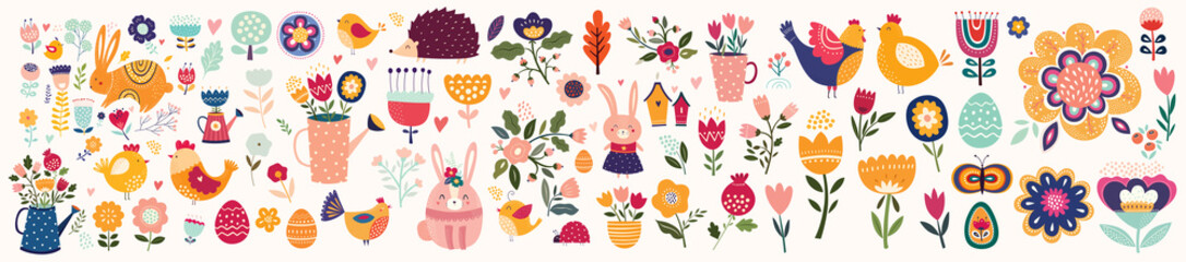Big collection of flowers, leaves, birds, bunny and spring symbols - obrazy, fototapety, plakaty