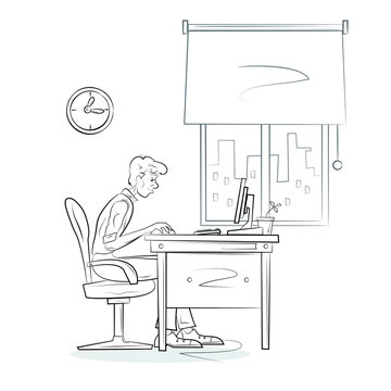 Man works on the computer. Hand drawn sketch vector illustration.