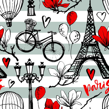 Paris symbols seamless pattern. Romantic travel in Paris. Magnolia blossom. Eiffel tower.