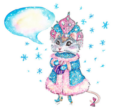 Cute New Year Rat Watercolor Illustration, Funny Hand Painted Isolated Sketch for Card Design, Original Whimsical Character wearing Embroidered Russian Style Costume and Kokoshnik