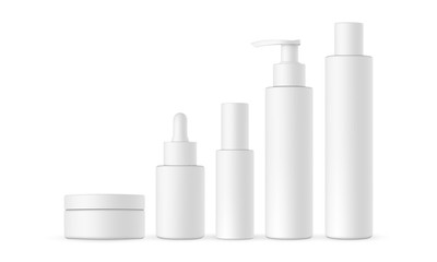 Blank cosmetic packaging mock up: jar, dropper, bottle with press pump, small and high bottles. Vector illustration