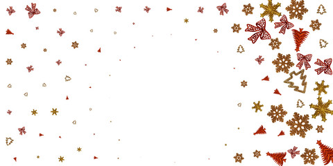 New years eve background. Xmas celebration pattern. Christmas gold decorations isolated on white.Holiday festive celebration concept.Banner mock up for display of product or design content