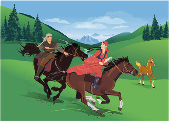 The jumping riders on horses. Spring. Vector illustration.