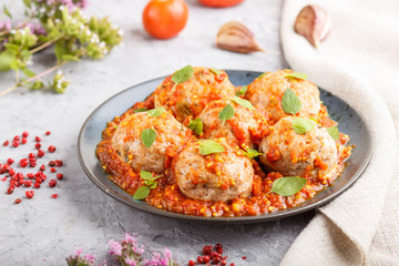 Pork meatballs with tomato sauce, oregano leaves, spices and herbs on a gray concrete background. side view, selective focus.
