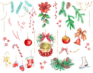 Watercolor Hand Painted Christmas Holidays Decoration, New Year Set, Card Design Clip Art, Sweet Pictures, Pine Wreaths