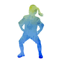  blue watercolor silhouette girl dancing a dance, isolated