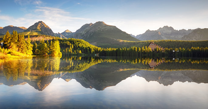 Reflection of mountain lake - Strbske pleso, Slovakia landscape © TTstudio