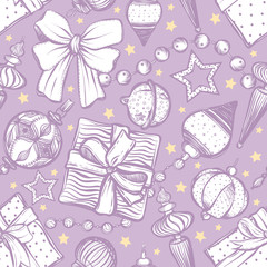 Happy New Year.Vector illustration,Christmas tree toy,garlands,gifts,prints on T-shirts,handmade,background light,card for you,seamless pattern,purple color
