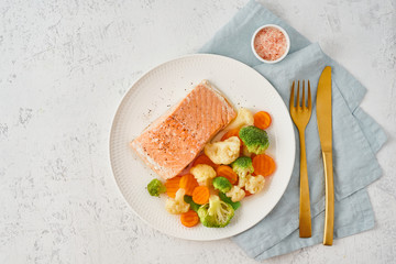 Steam salmon and vegetables, Paleo, keto, fodmap, dash diet. Mediterranean diet with steamed...