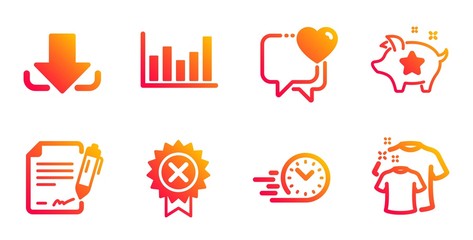 Heart, Download and Signing document line icons set. Loyalty points, Fast delivery and Column chart signs. Reject medal, Clean t-shirt symbols. Love chat, Load file. Business set. Vector