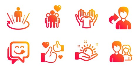 Yummy smile, Like and Sunny weather line icons set. Hold t-shirt, Augmented reality and Share signs. Friendship, Teamwork symbols. Emoticon, Thumbs up. People set. Vector