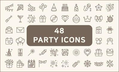   Set of 48 party and holiday Icons line style. Included the icons as balloons, birthday, music, firework, gift,decoration  and more. customize color, stroke width control , easy resize.
